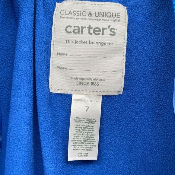Carter’s Boy’s Gray Blue Full Zip Fleece Lined Hooded Puffer Jacket Coat Size 7 - Picture 12 of 16